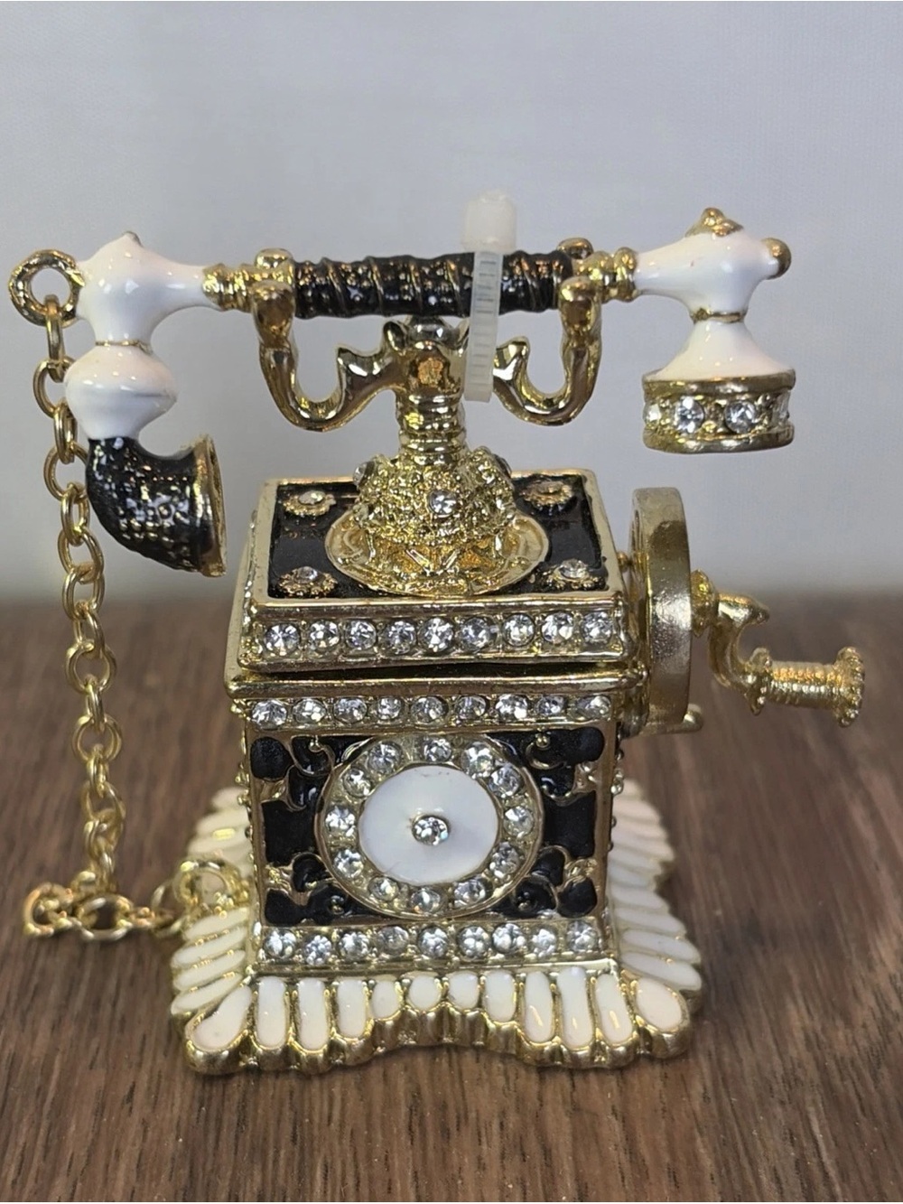 Black & White Enamel & Rhinestone Hinged Telephone Trinket Pill Box Jewelry